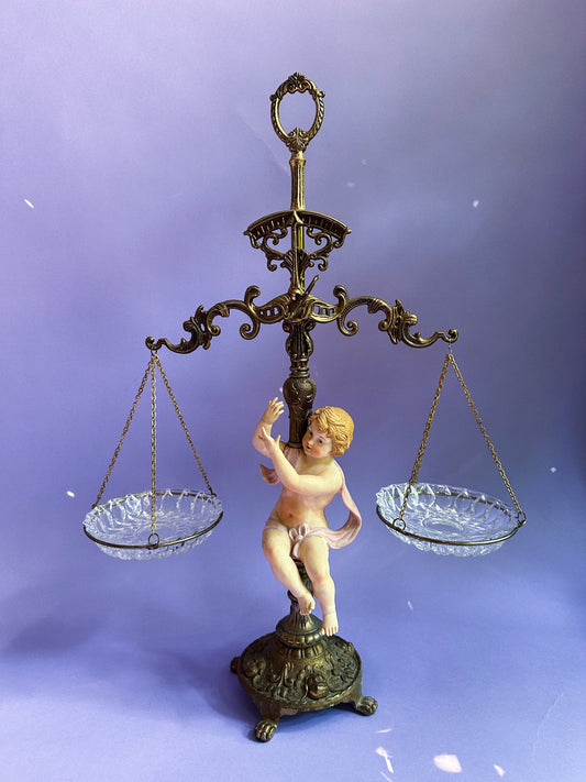 Vintage Large Brass Crystal Prisms Balance-Scales of Justice 24.5”H Cherub