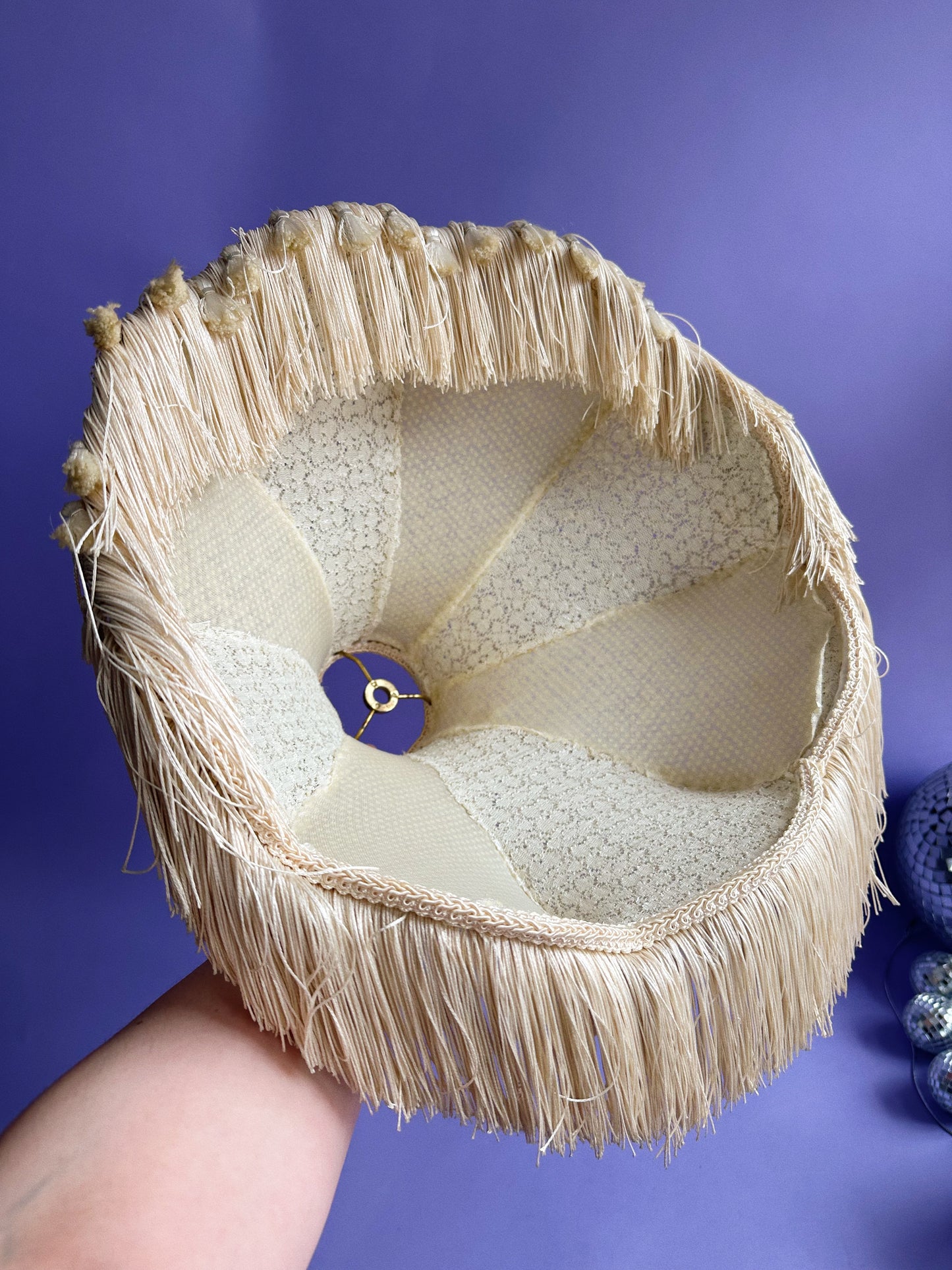 Vintage Boudoir Table Lamp Shade Ivory Cream Fringe Scallop Pearls Tassel