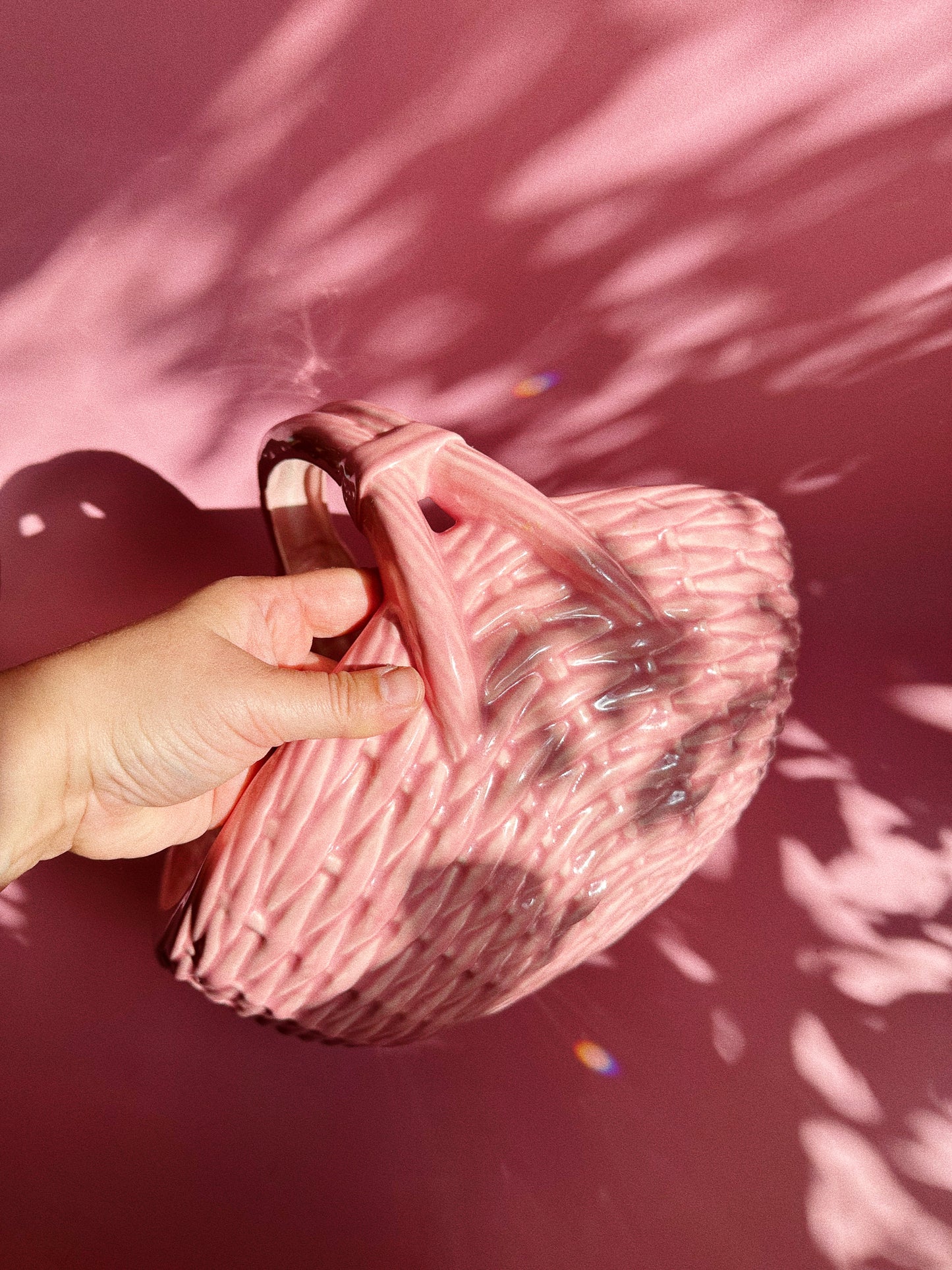 Large Vintage Ceramic Weaved Pink Basket