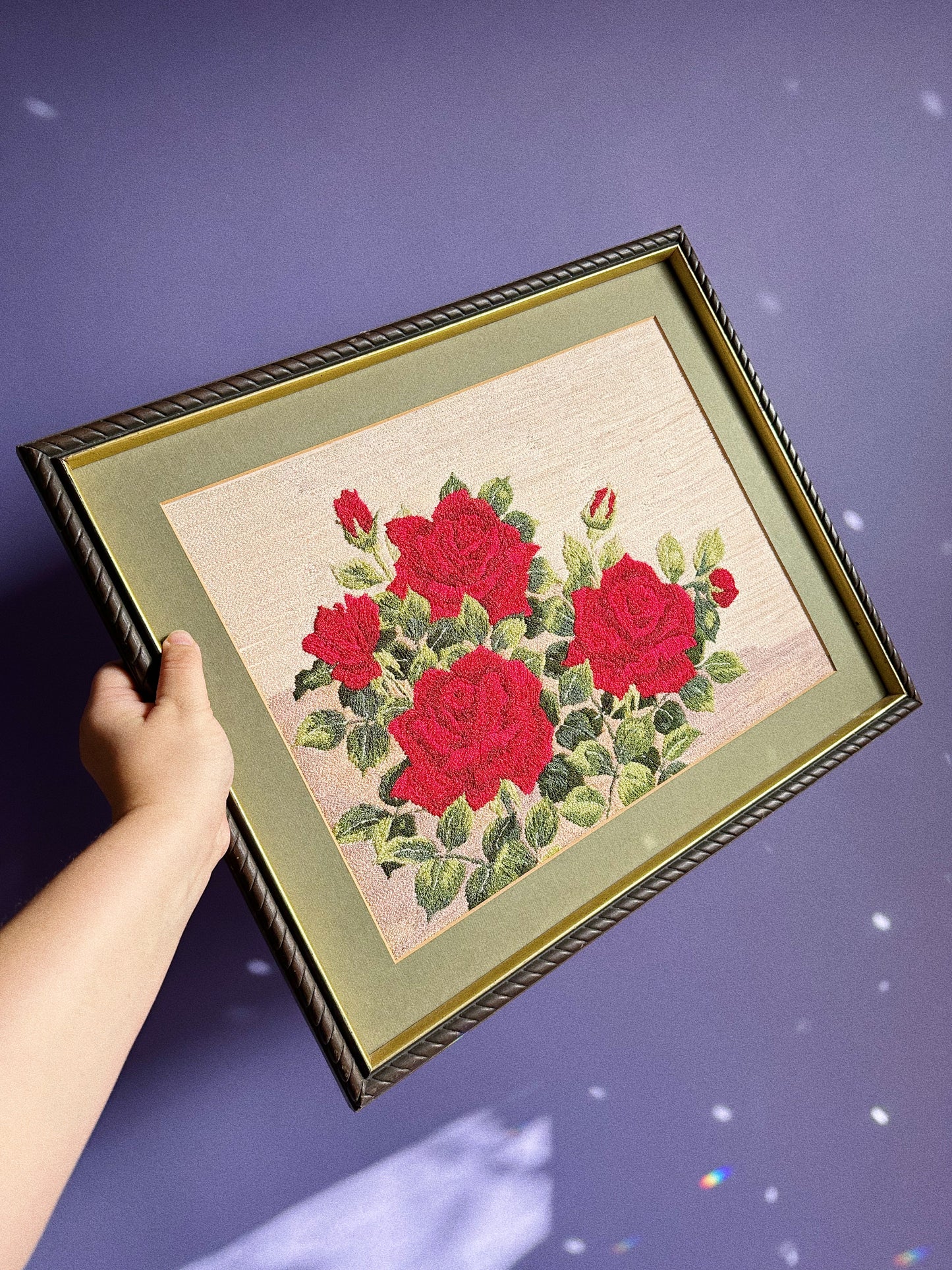 Vintage Framed Red Rose Crewel