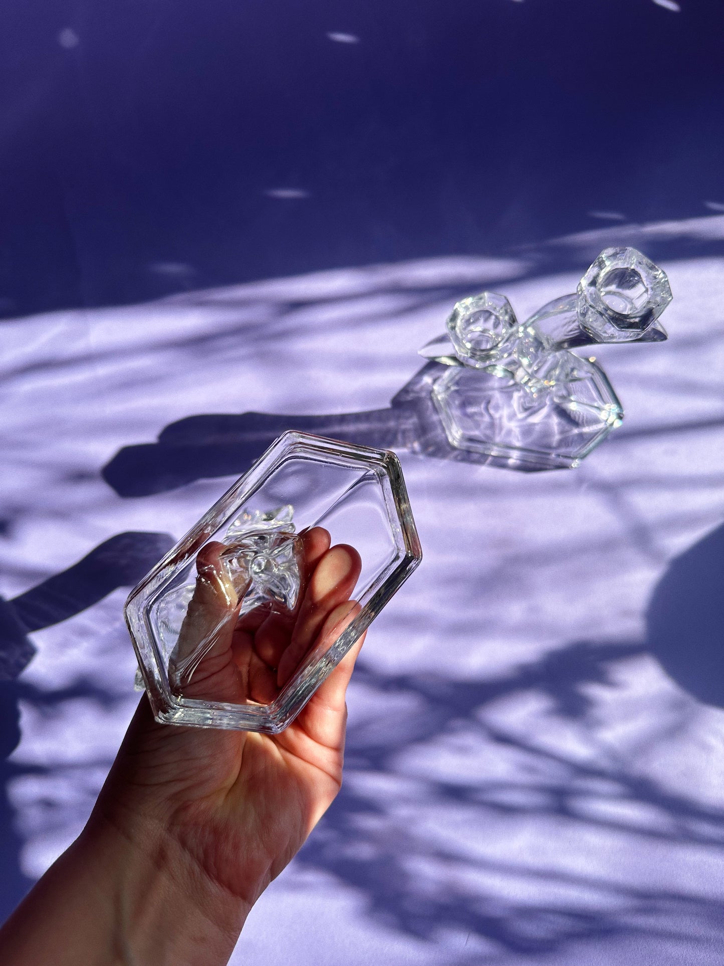 Vintage Manganese Crystal Moon Candlesticks