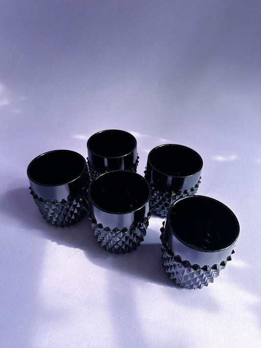 Vintage Indiana Tiara Black Glass 5 Lowball Drink Glasses, Diamond Point