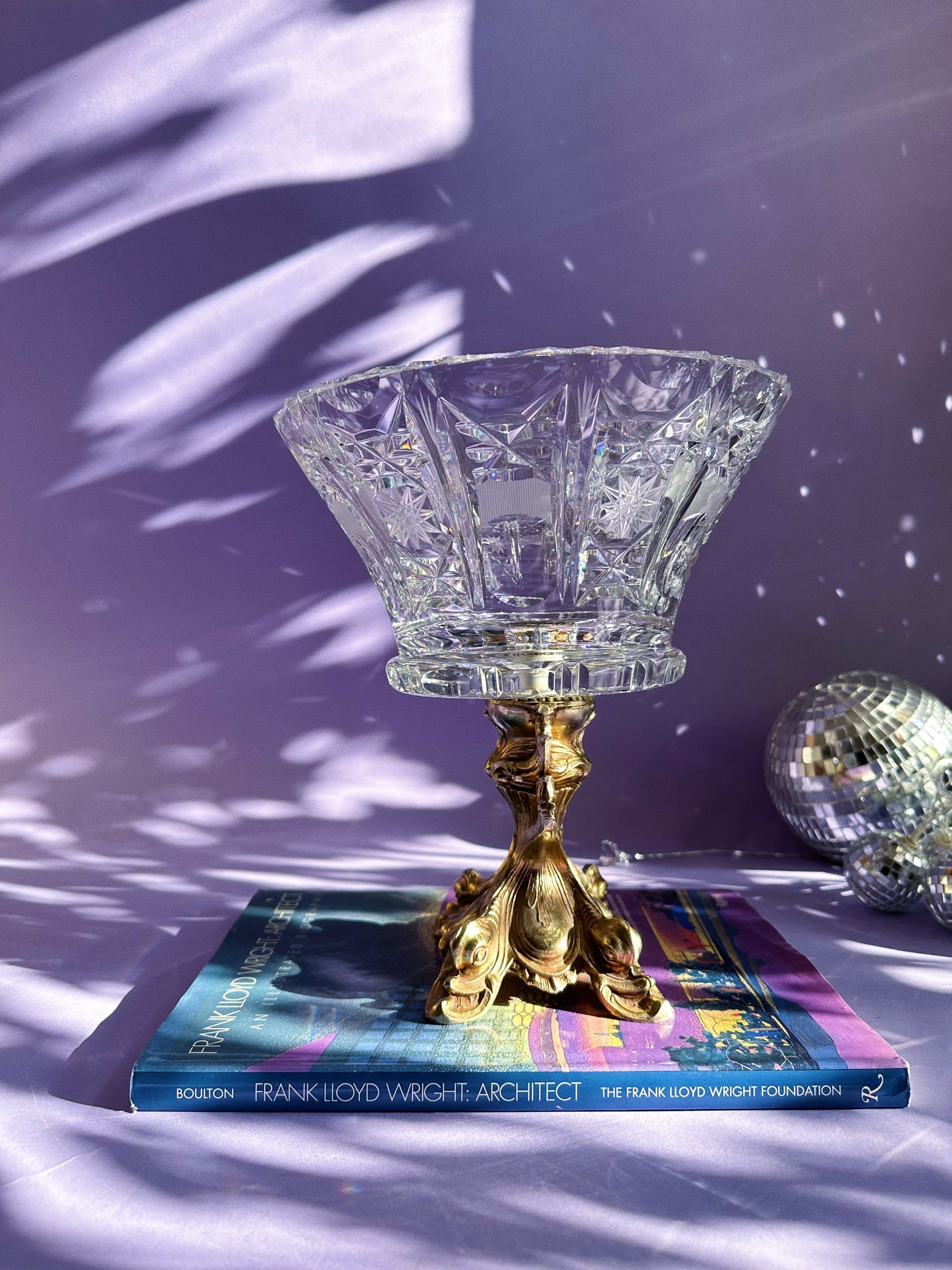 L&L Cut Glass Pedestal Centerpiece Bowl Bronze Brass 9 1/8 X 8 1/2"