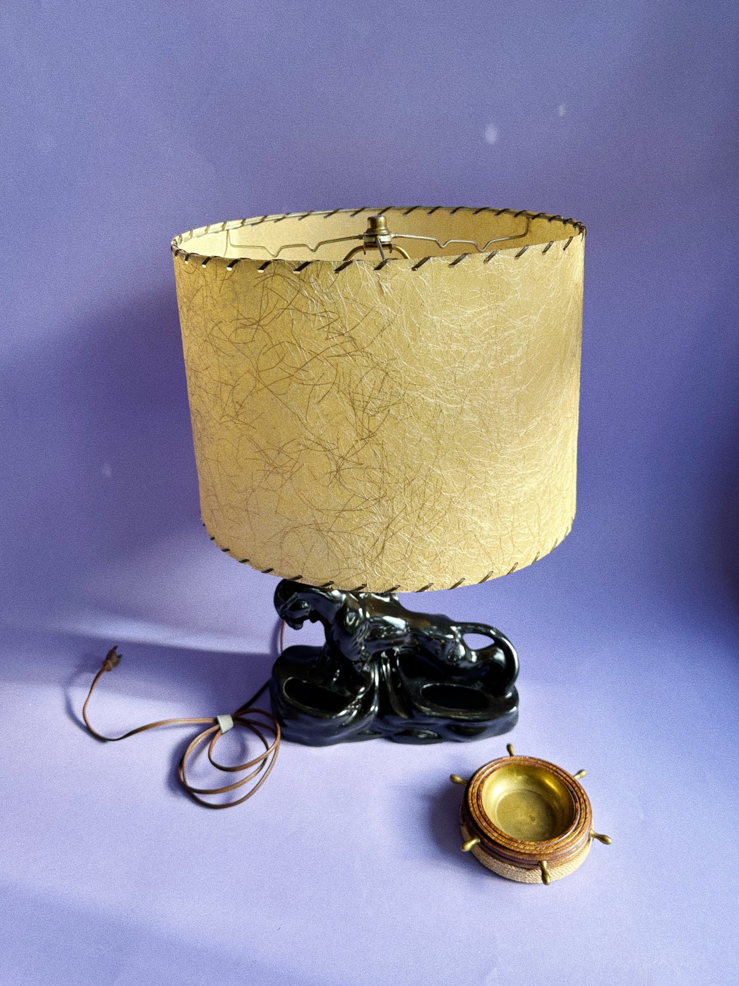 Vintage Mid-Century Modern Black Panther / Leopard TV Lamp w/ Fiberglass Shade