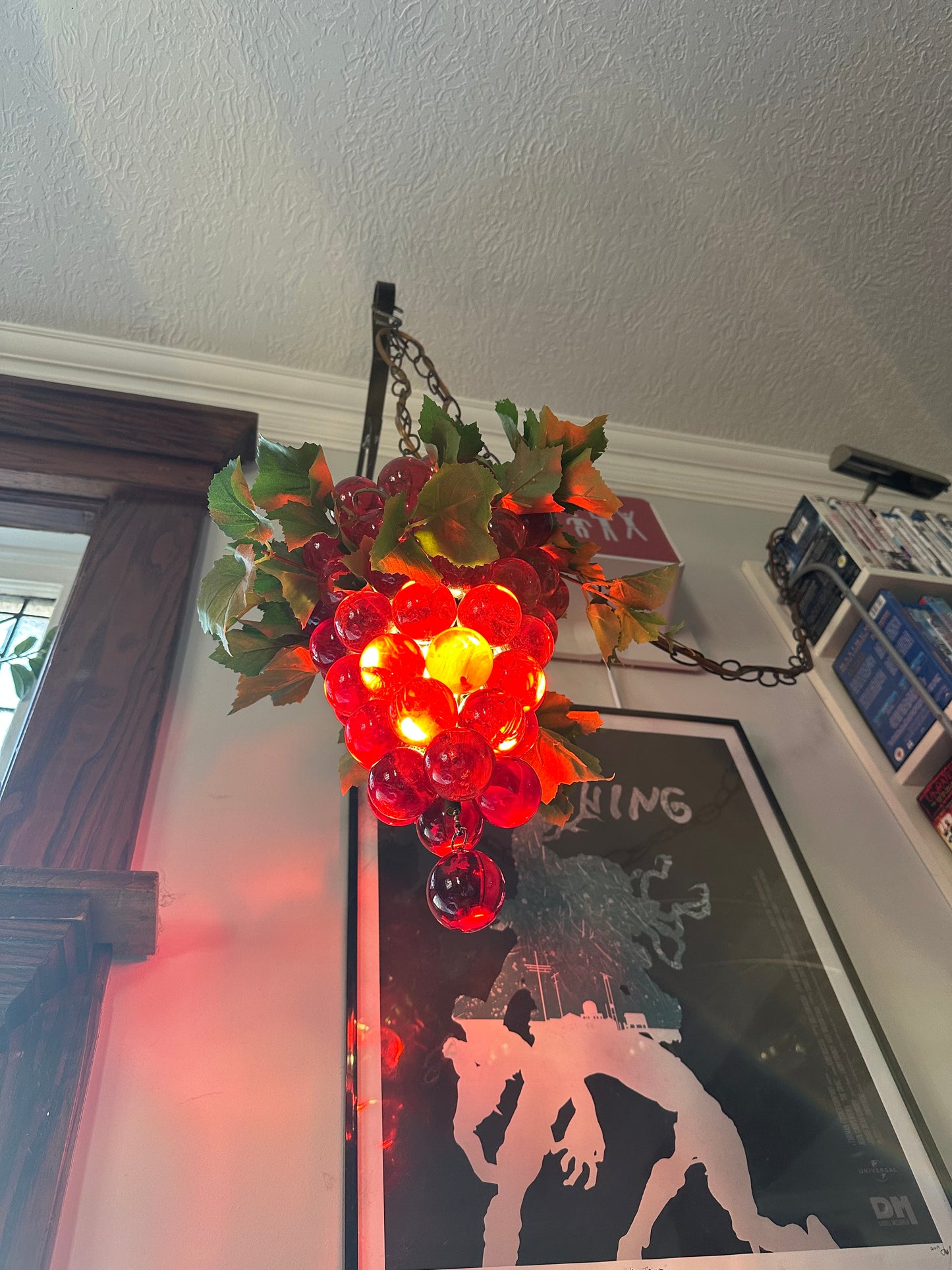 Vintage Large MCM 60s Hanging Swag Lamp of Lucite Grapes Red Cluster Vines Heavy