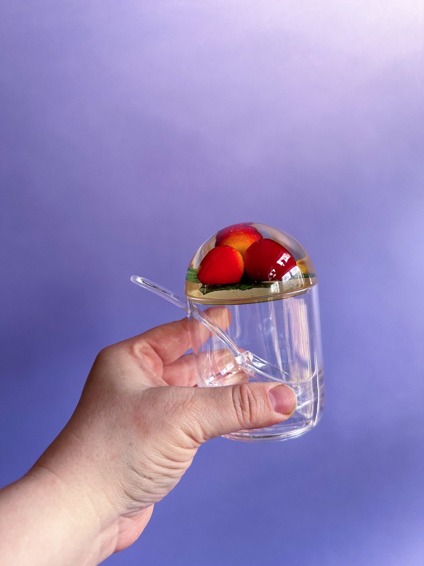 Vintage Set of 4 Lucite & Acrylic Jam Jars w/ 3 Spoons, Oranges and Berries