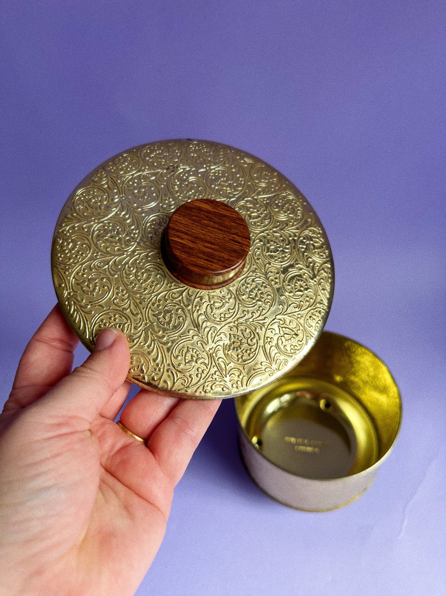 Vintage Gold Round Metal Embossed Container Tapered Legs West Germany