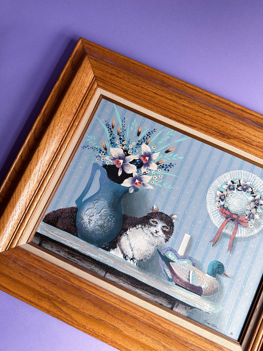 Framed Hamilton Cat & Duck Decoy Oil Painting Folk Country, Cabin Farm House