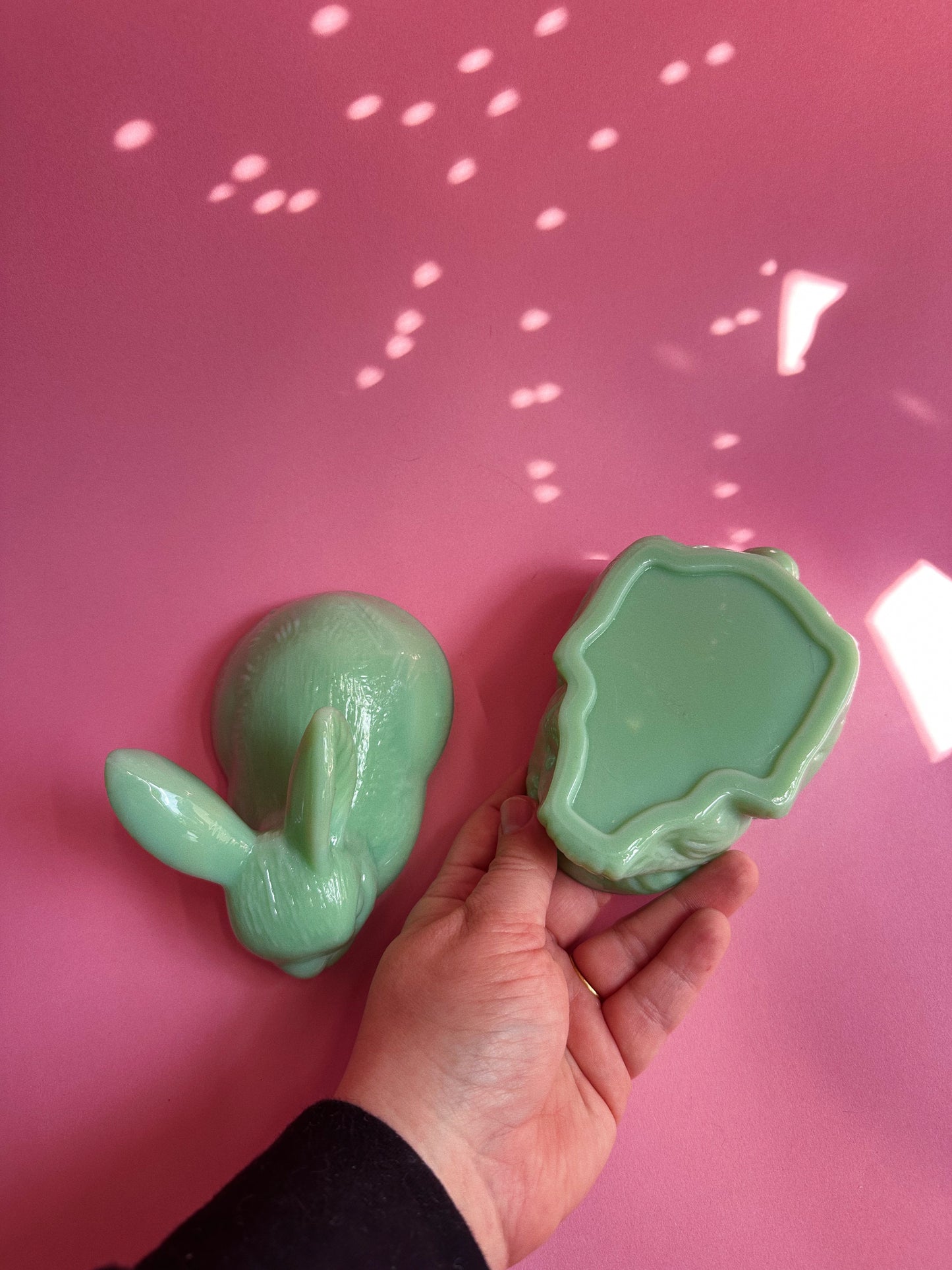 Jadeite Green Bunny Rabbit Lidded Covered Candy / Trinket Dish, New, Glass, 6"