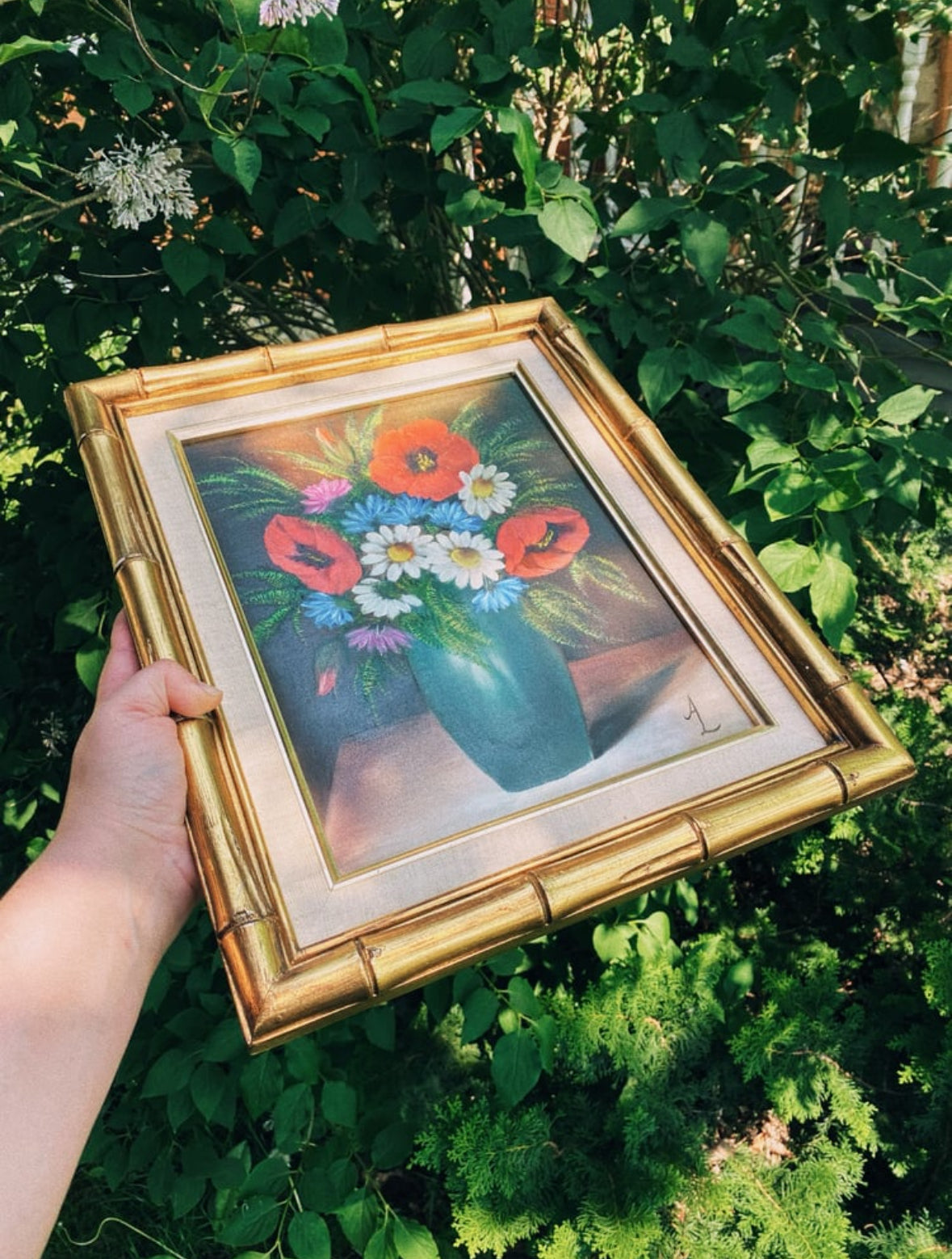 Vintage 1980s Flower Bouquet in Vase Oil Painting