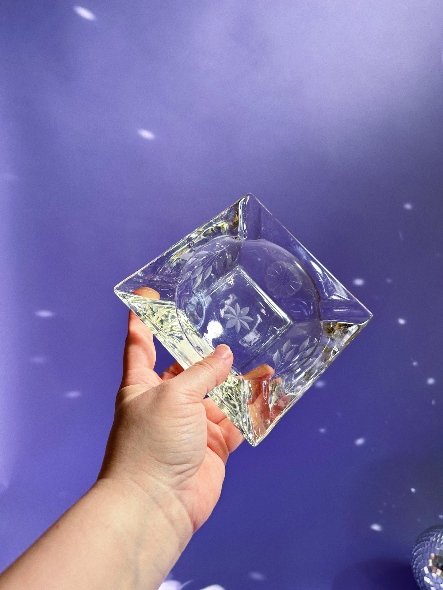 Vintage Crystal Ashtray / Throw Dish w Etched Flowers