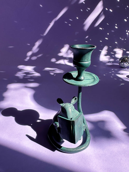 Vintage Book Reading Mouse Metal Green Candlestick for Tapers