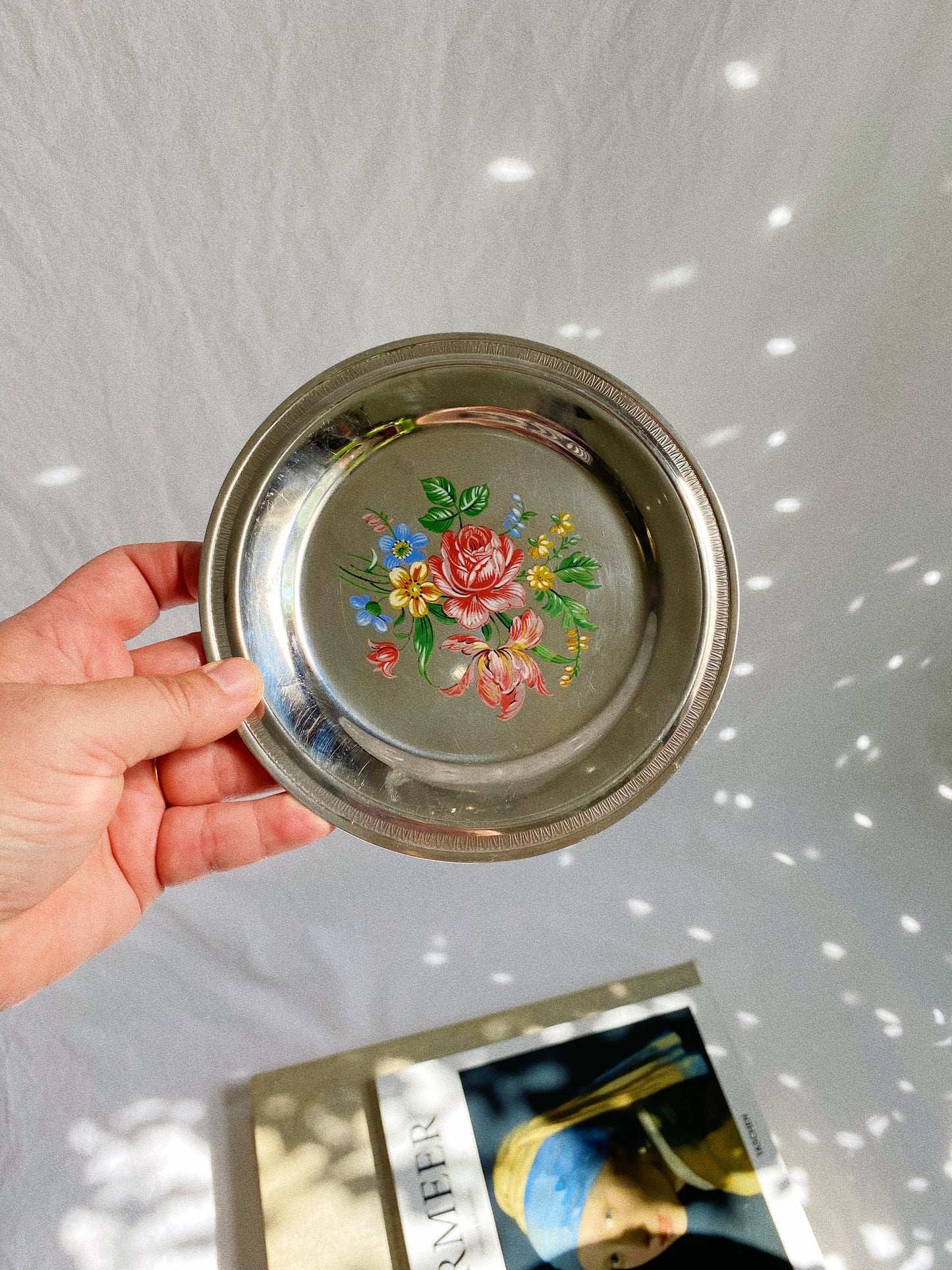 Vintage Stainless Steel Floral Plate