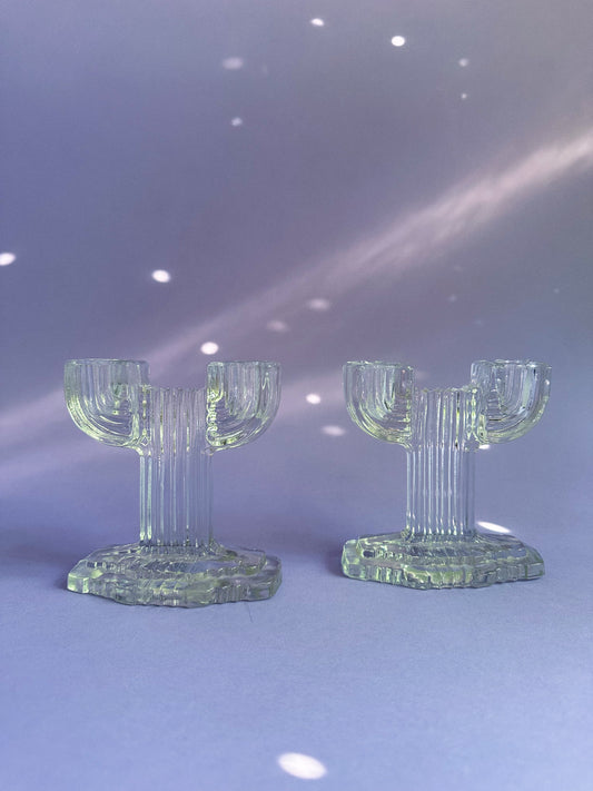 Vintage Anchor Hocking Glass Double Candlestick Holders Art Deco