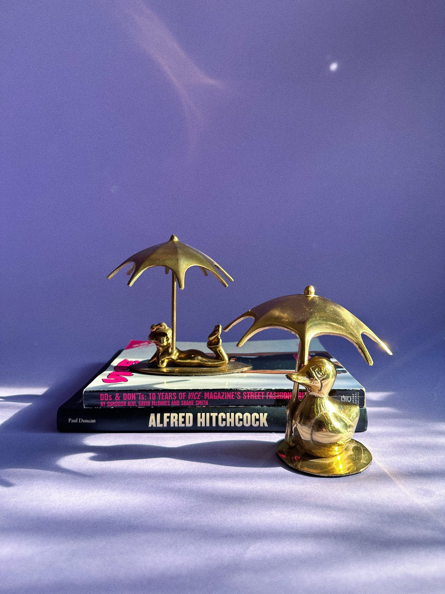 Vintage Brass Duck & Frog w/ Umbrella Sculptures
