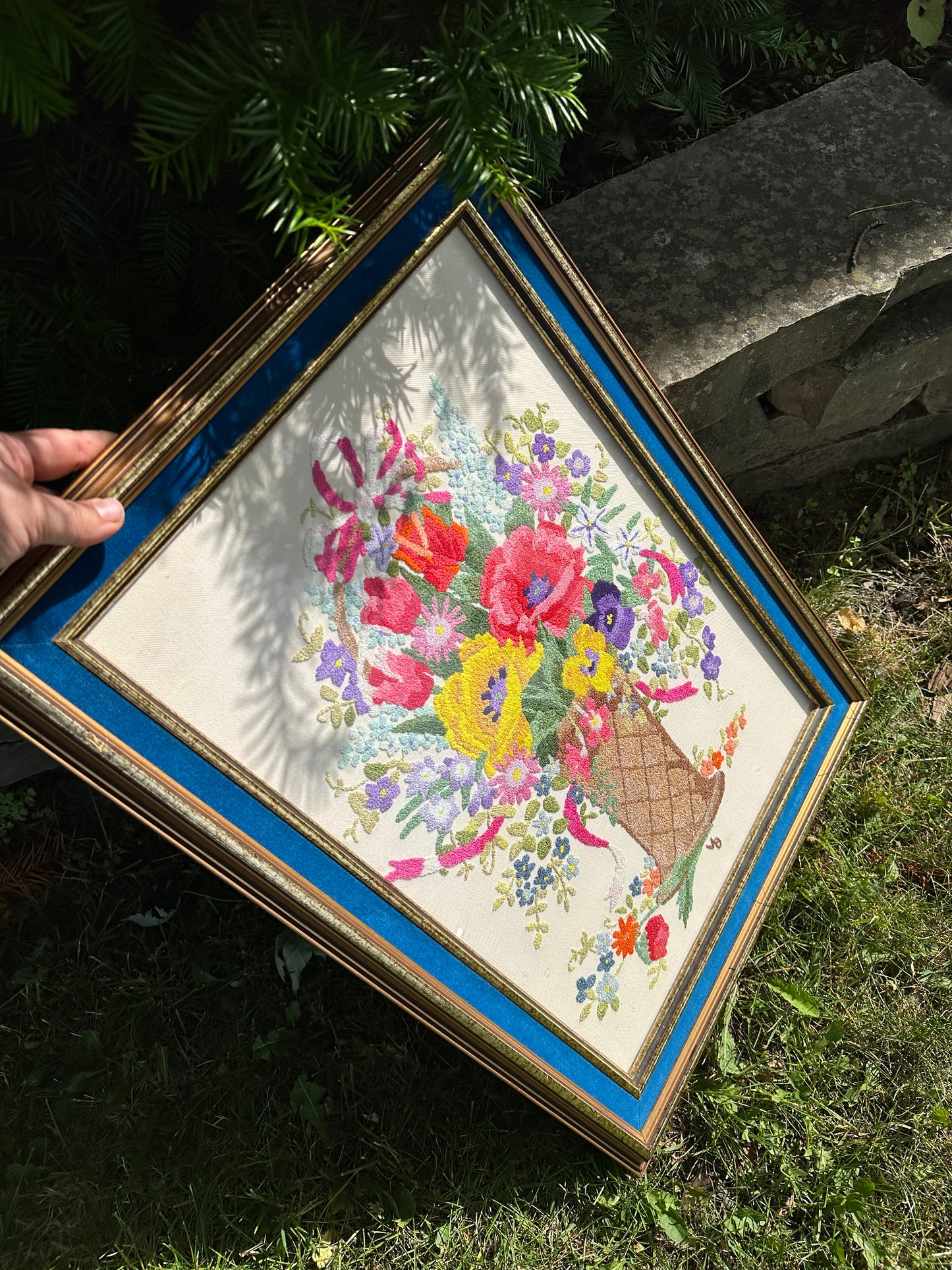 Vintage Framed Colourful Floral Vase Crewel