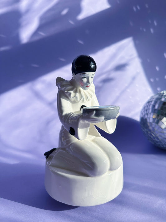 Vintage Spinning Porcelain Clown Pierrot Mime w Bowl 1980s Hand Painted Figurine