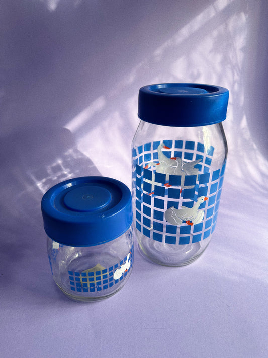Vintage 1982 Carlton Glass Blue Lid Geese Duck Canisters