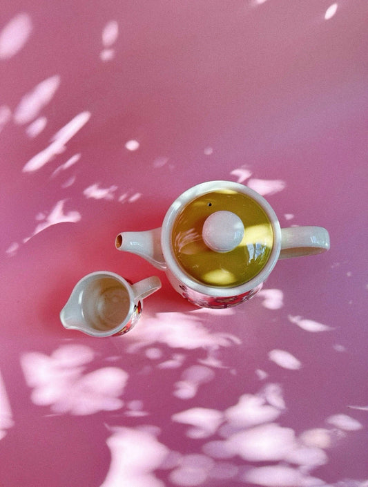 Sadler England Vintage 70s Ceramic Teapot & Creamer Orange Gold Green Floral MCM