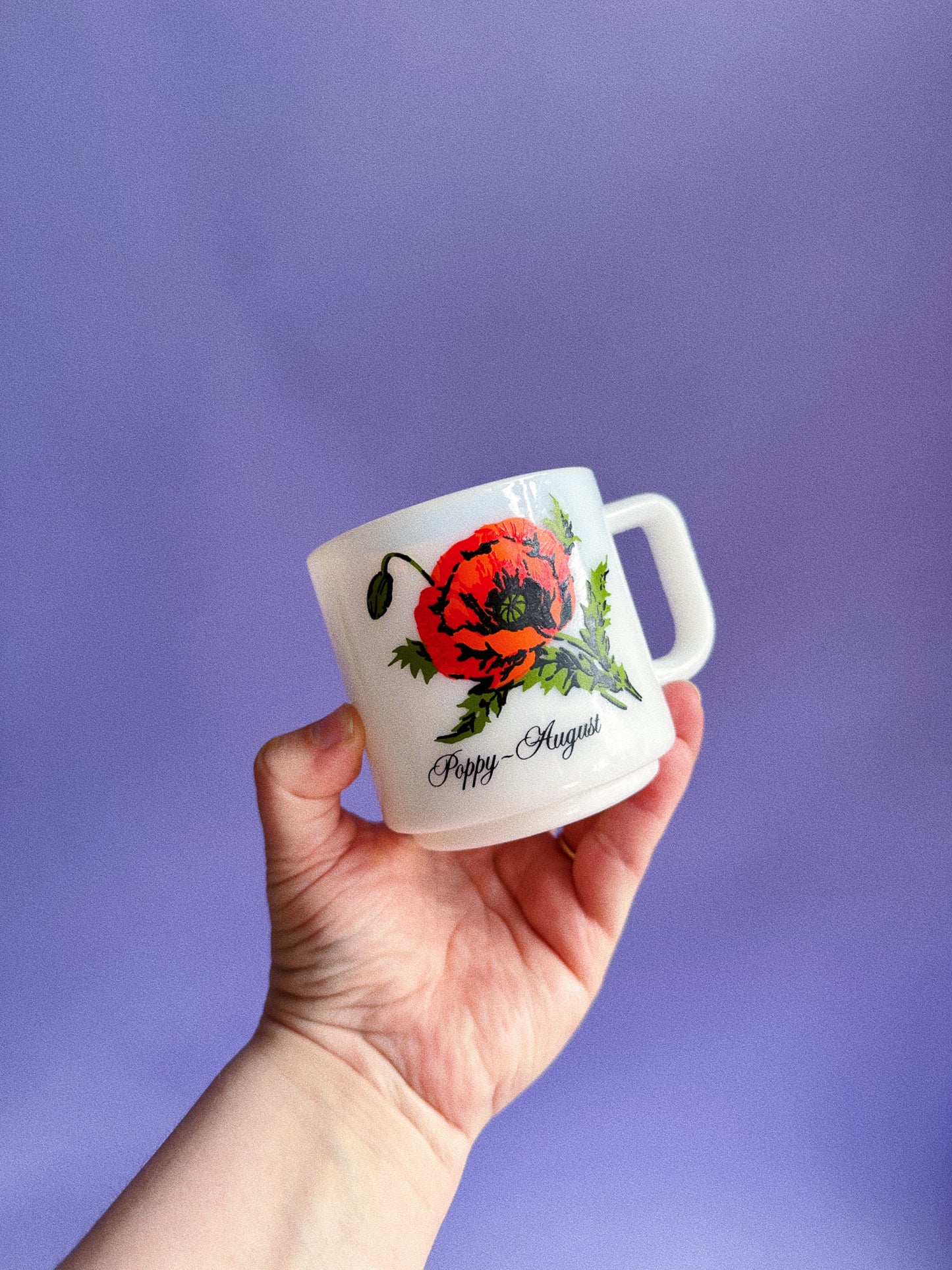 Vintage Brockway Flower of the Month Milk Glass Mug Poppy August