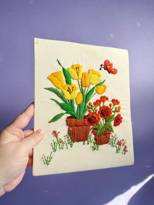 Vintage Unframed Tulips & Flowers Embroidered Crewel