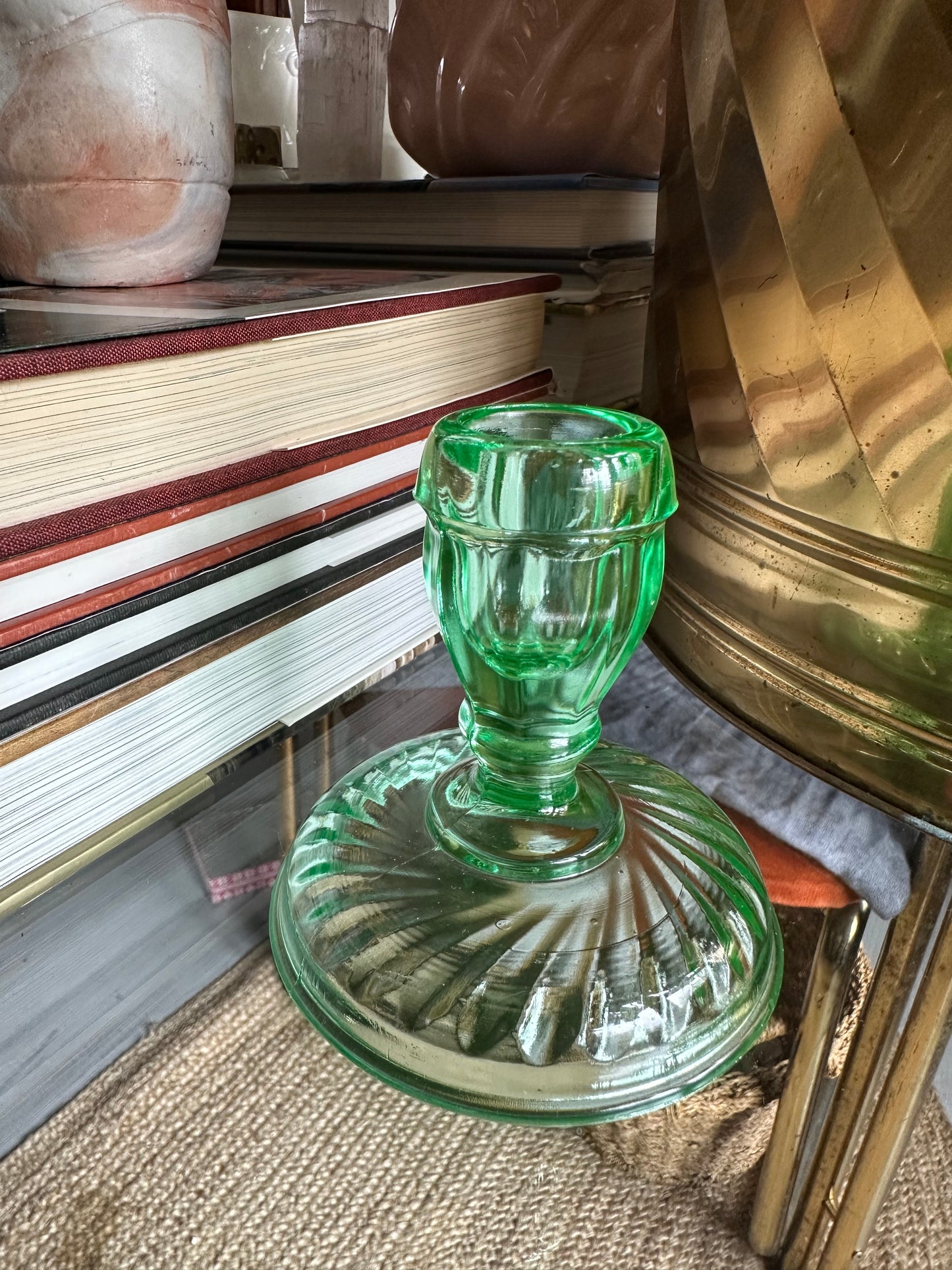 3.5” Single Light Twisted Optic Green Candlestick Uranium 1920s, 30s