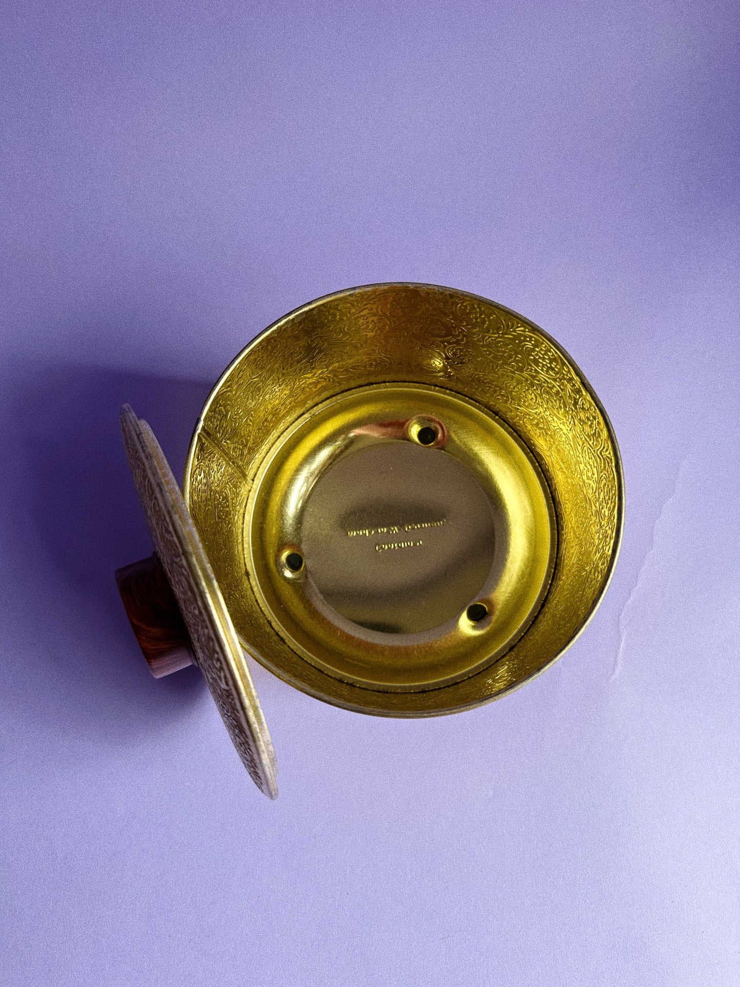 Vintage Gold Round Metal Embossed Container Tapered Legs West Germany