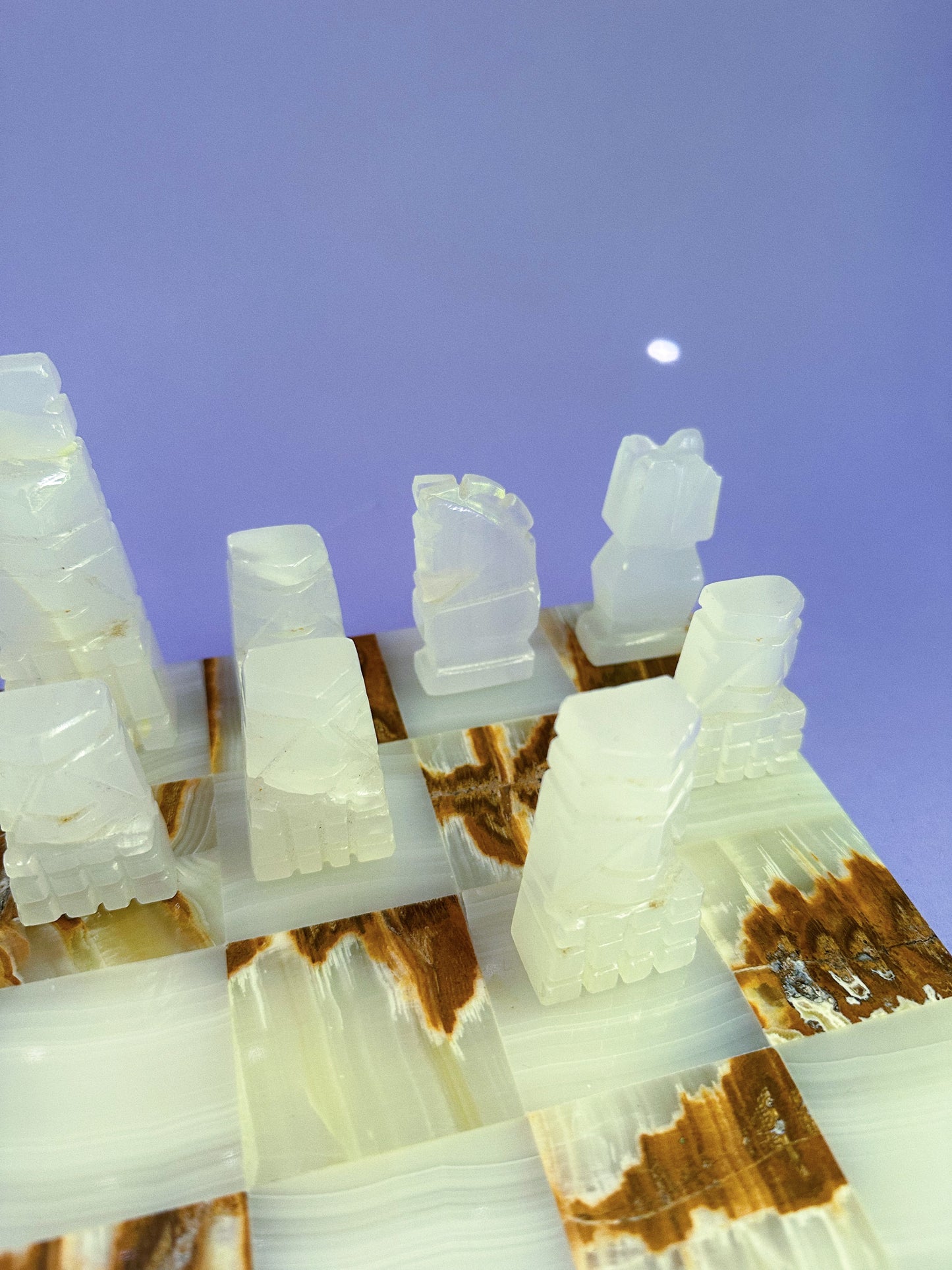 Vintage Complete Aztec Chess Set Marble Cut Stone Hand Carved Large Brown White