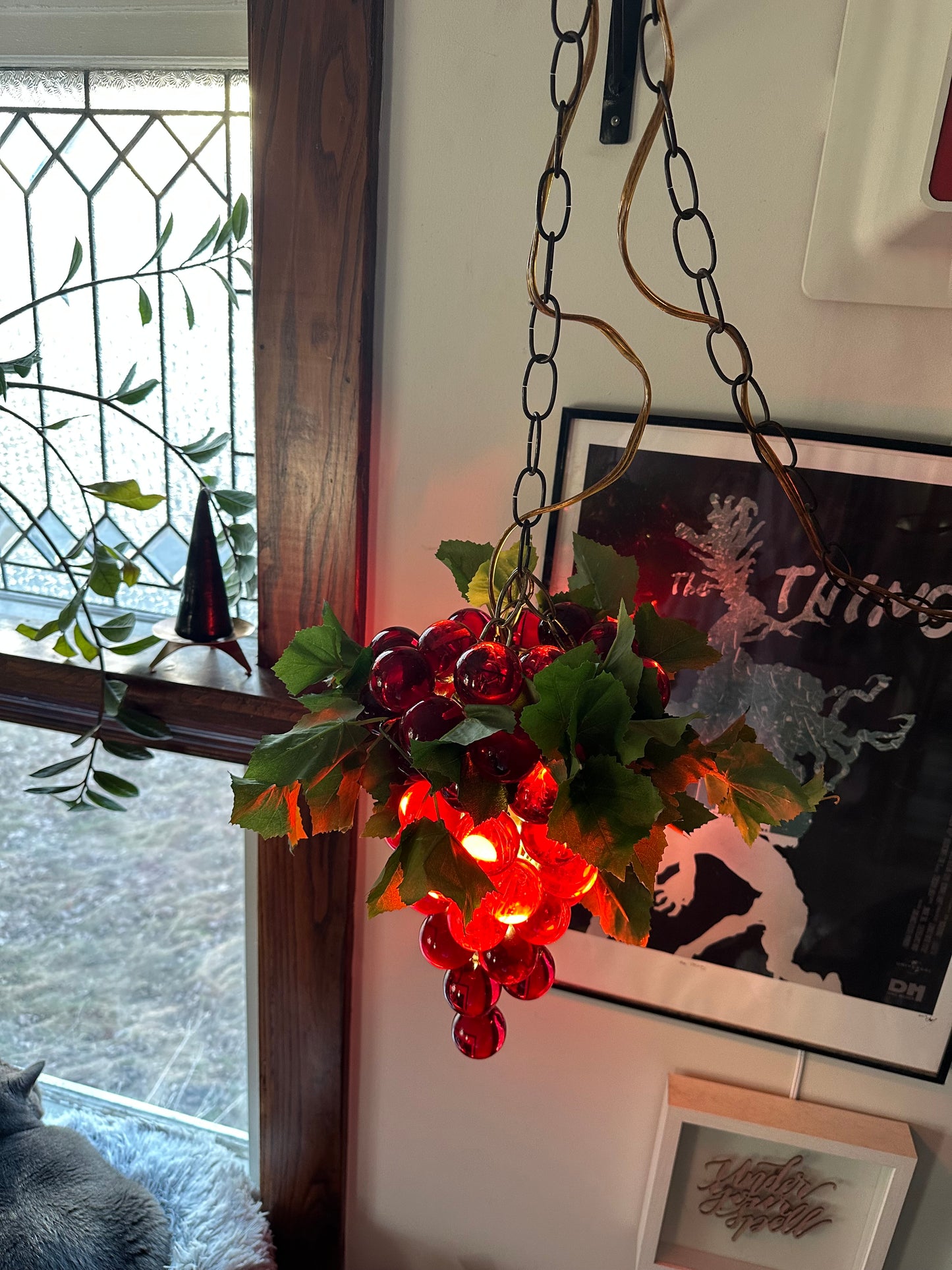 Vintage Large MCM 60s Hanging Swag Lamp of Lucite Grapes Red Cluster Vines Heavy