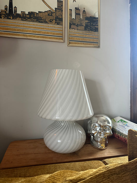 Vintage Vetri Murano White Swirl Glass Mushroom Table Lamp
