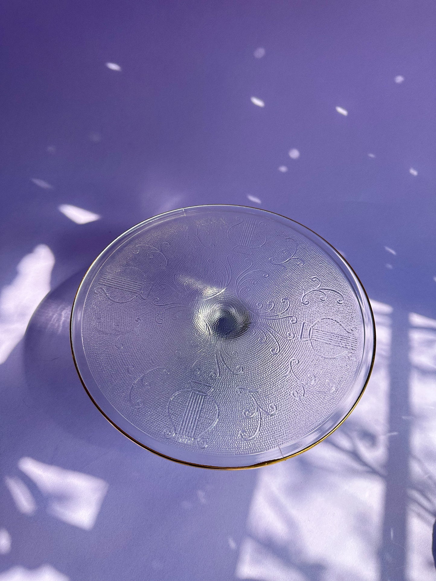 Vintage Jeannette Glass Cake Stand Harp Scroll Gold Trim Pedestal