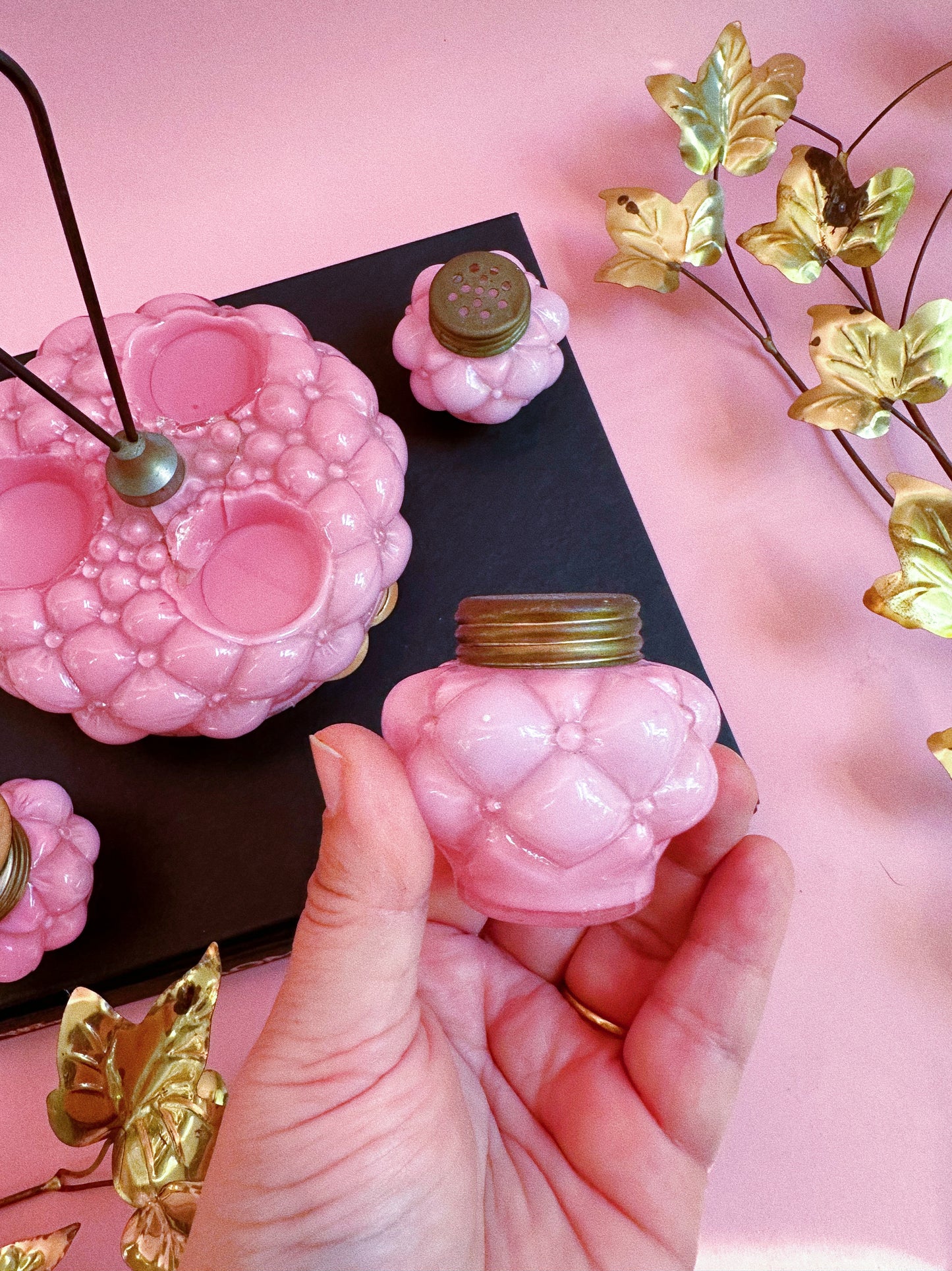 EAPG Condiment Set Pink Bulging Petal Consolidated Lamp & Glass Co. 1895