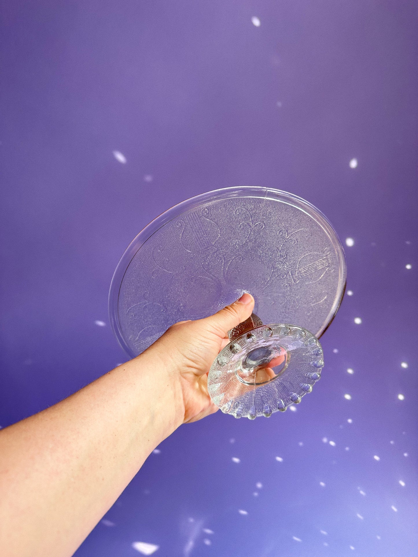 Vintage Jeannette Glass Cake Stand Harp Scroll Gold Trim Pedestal