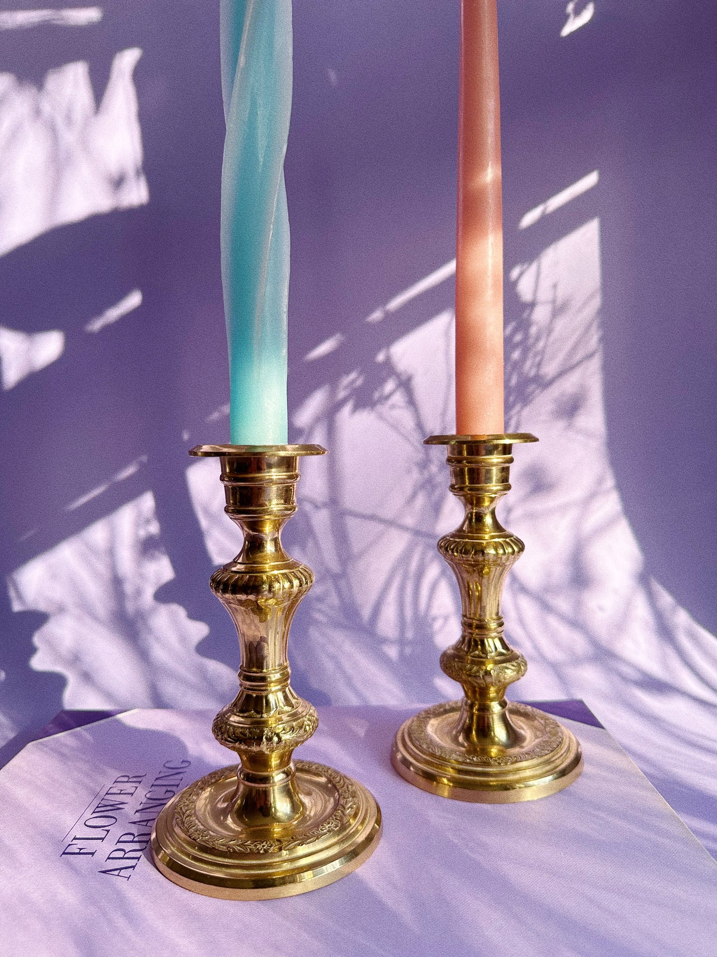 Vintage Shiny Brass Floral Etched Candlesticks