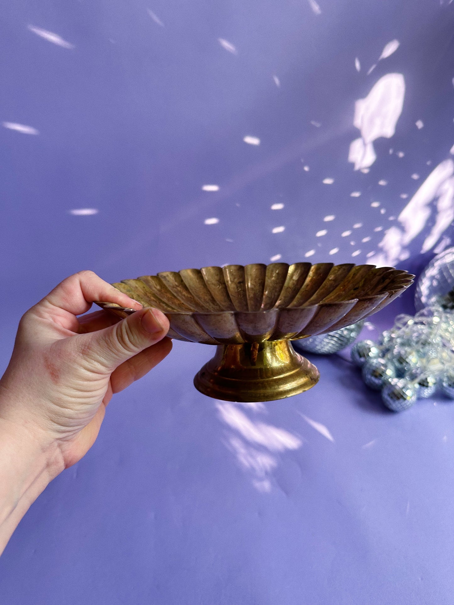 Gorgeous Vintage Etched Brass Daisy Shaped Footed Platter