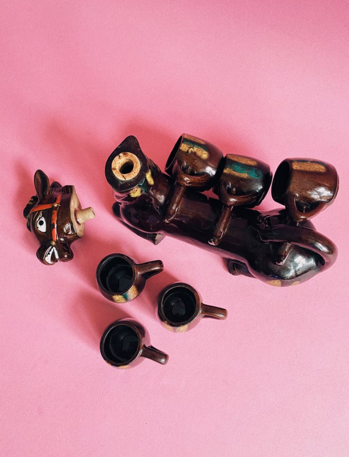 Vintage MCM Donkey Decanter With Six Shot Glasses