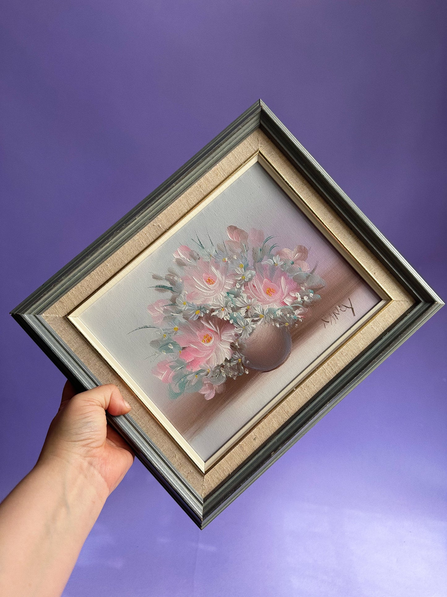 Vintage Framed Pink Floral Oil Painting