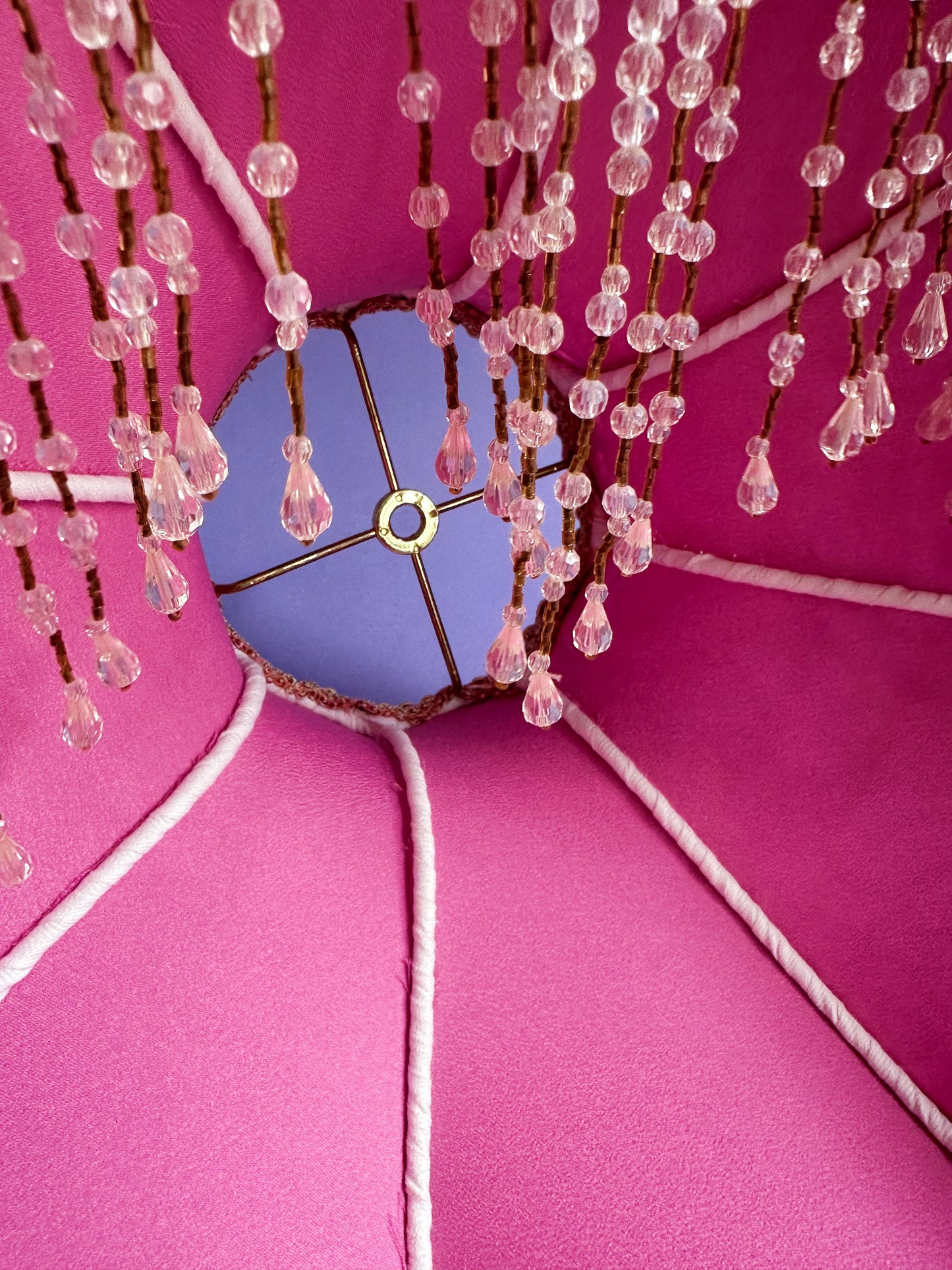 Pair of Victorian French Large Lamp Shade Lace "Blush" Pink Bead Fringe Scallop