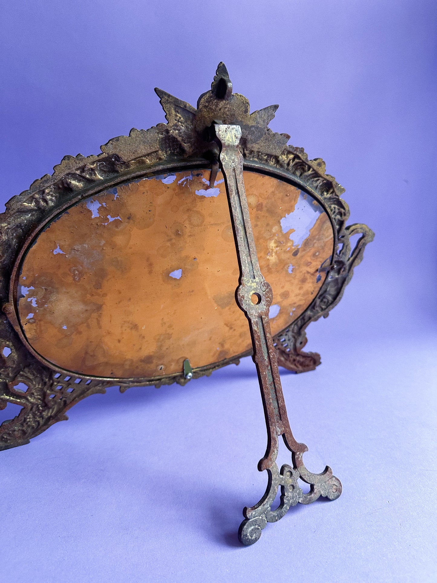 Antique Brass Victorian Ornate Cherubs & Beveled Edge Mirror