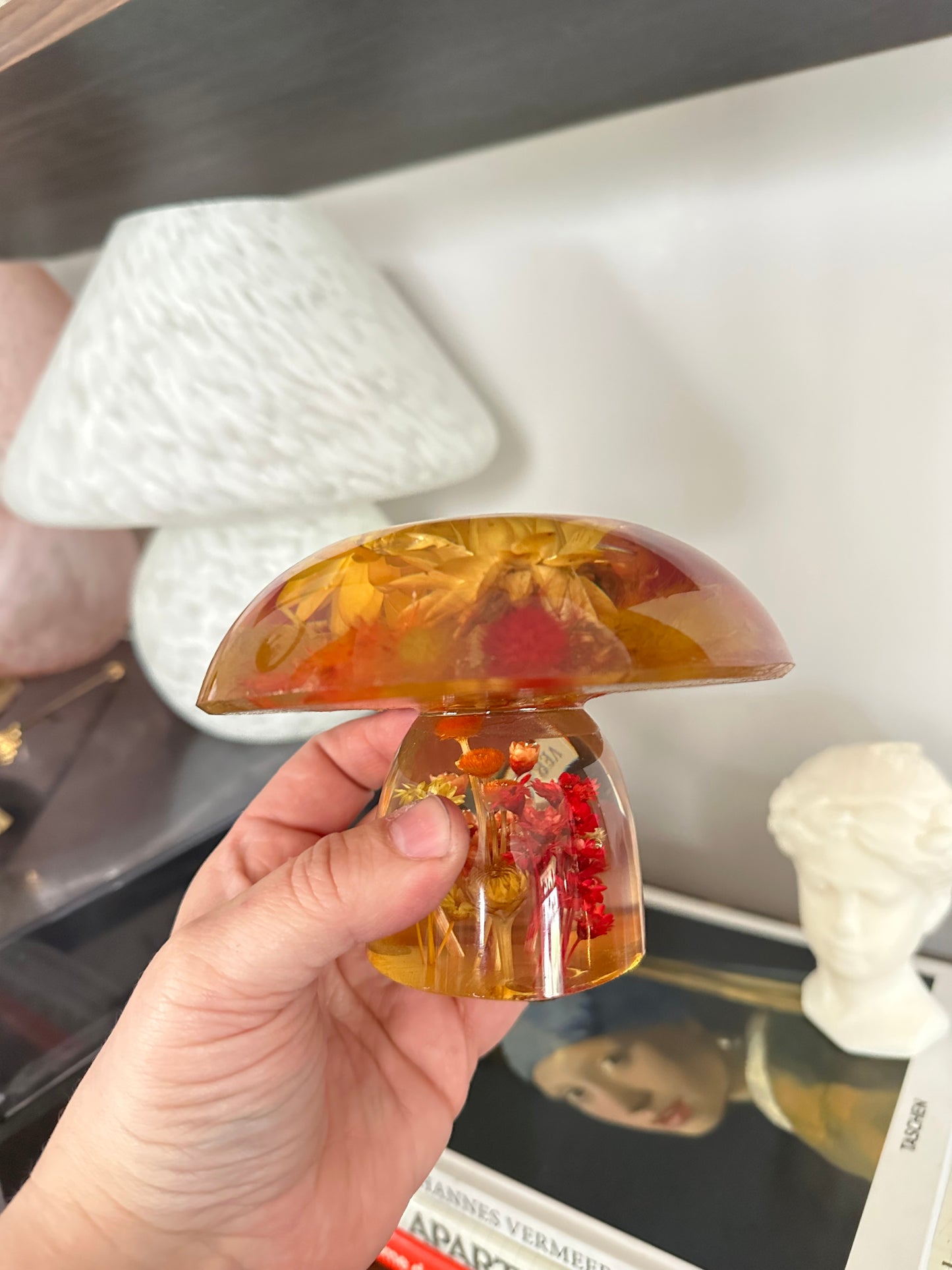 Vintage 70s Lucite Resin Mushroom w Preserved Dried Red Yellow Flowers
