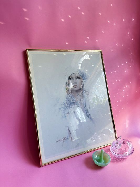 Vintage 80s Lacquered Brass Framed Wall Art Sara Moon Print