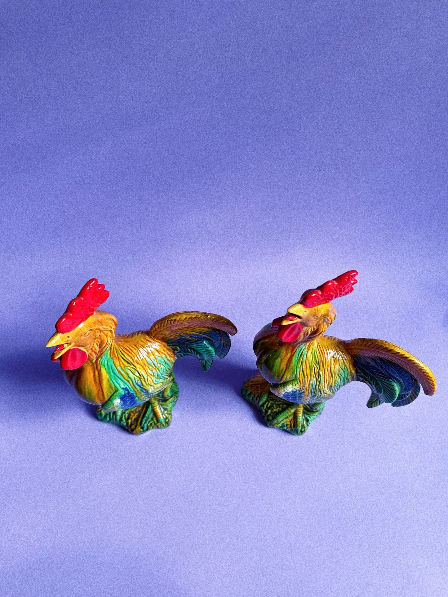 Pair Of 12” Majolica Glazed Bright Ceramic Roosters