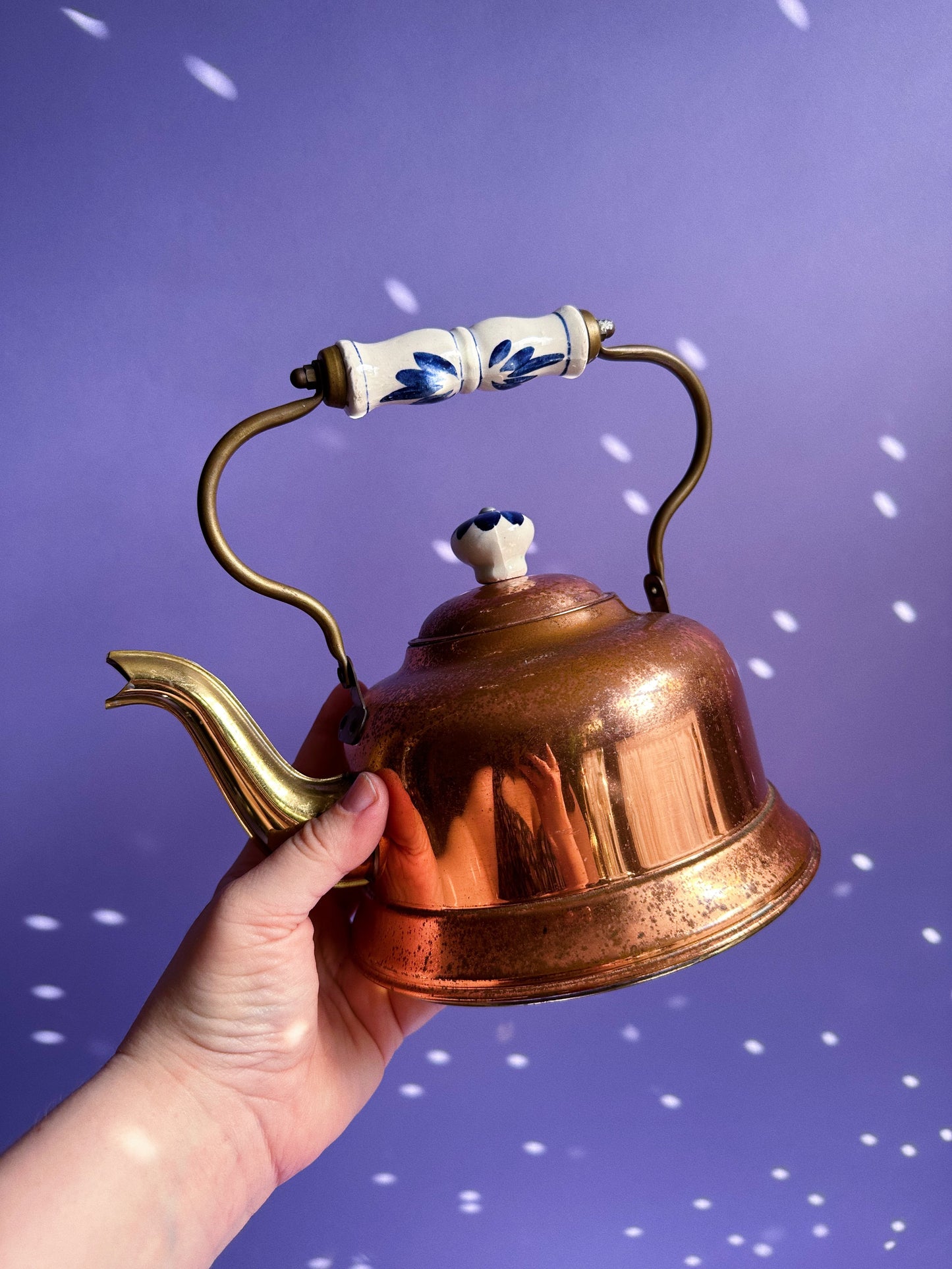 Vintage Copper Tea Pot Kettle with Porcelain Delft Handle and Knob