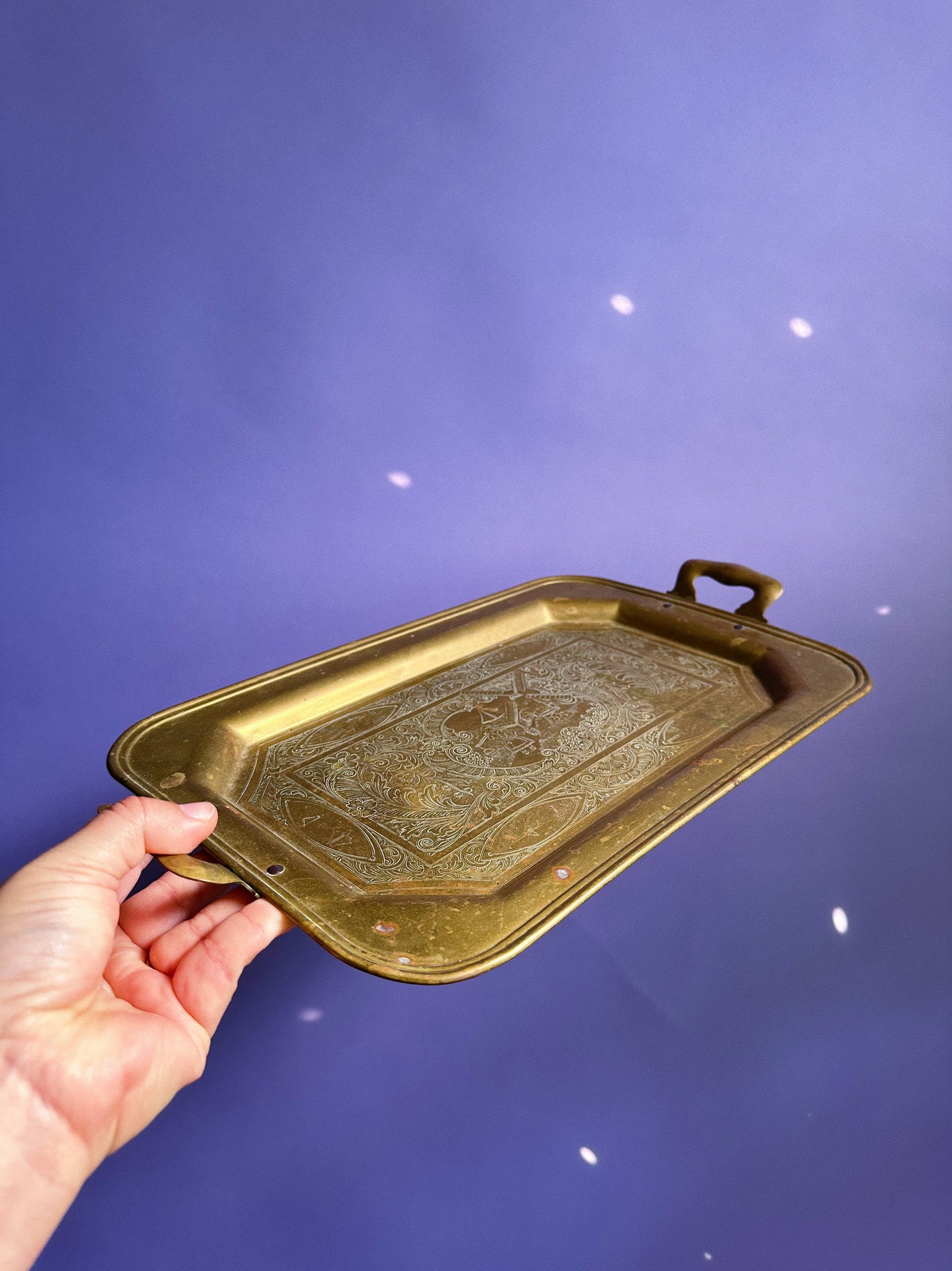 Antique Patina Brass Tea Tray Etched Dutch Girl Scene With Handles