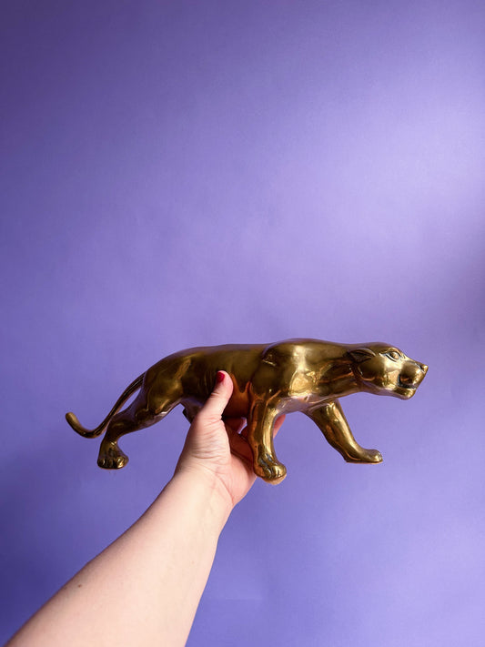 Vintage Large Solid Brass Panther Sculpture