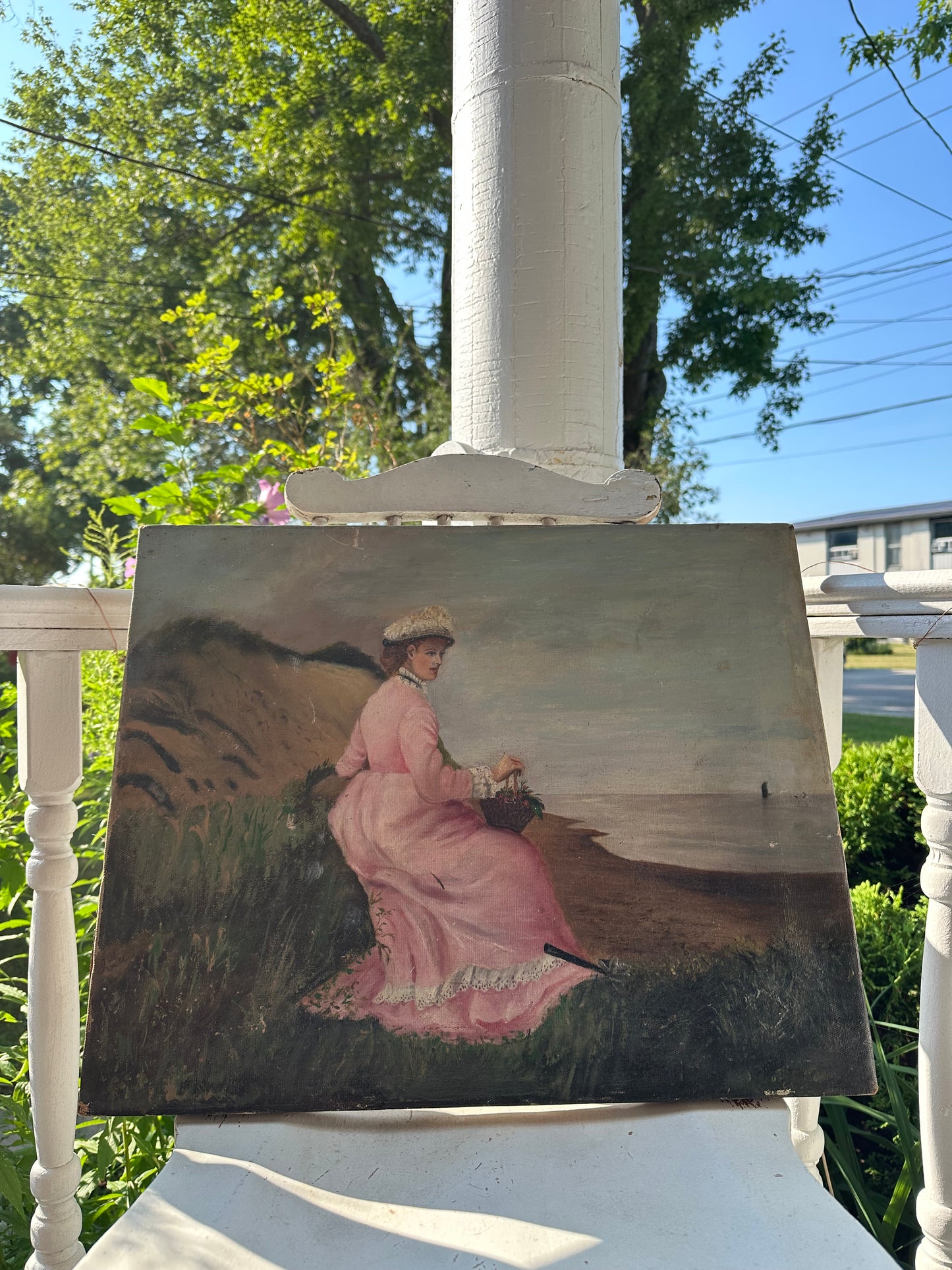 Victorian Oil-On-Canvas Young Lady By The Shore, Boat, Basket Flowers, Unframed