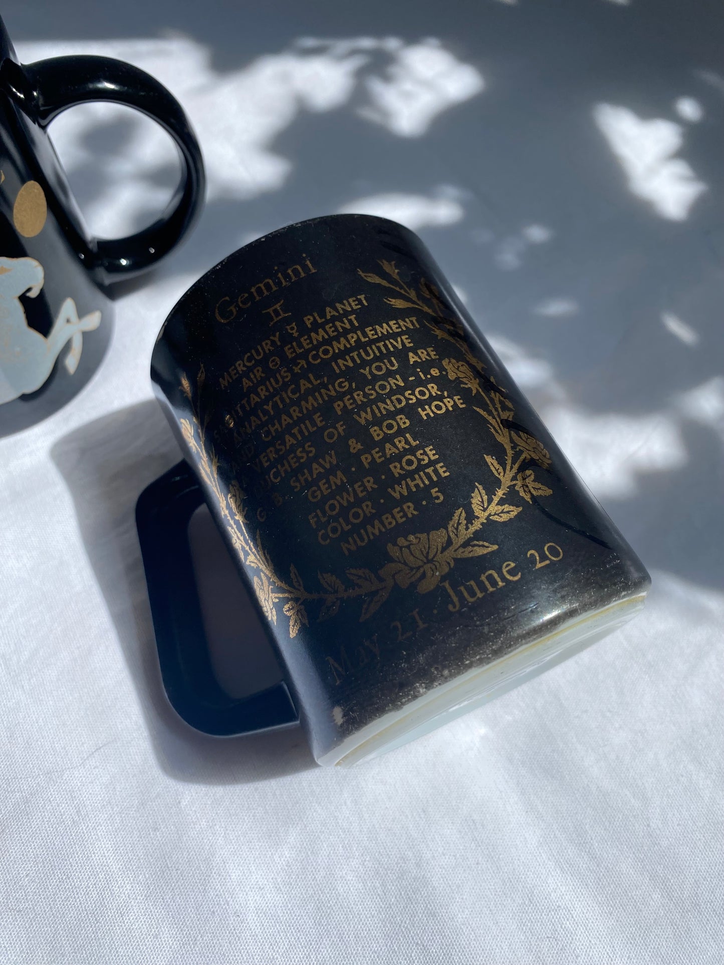 Vintage Federal Milk Glass Gemini Zodiac Sign Coffee Mug Cup Black & Gold
