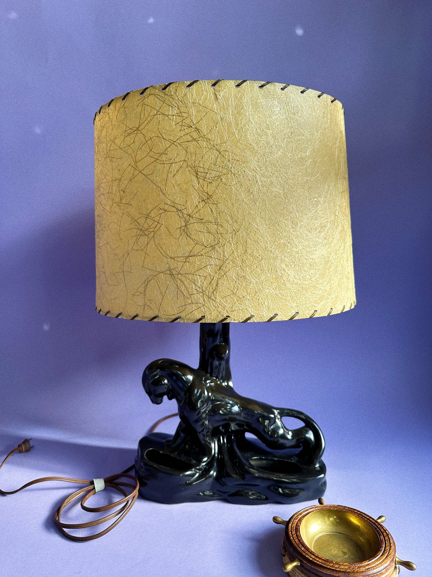 Vintage Mid-Century Modern Black Panther / Leopard TV Lamp w/ Fiberglass Shade