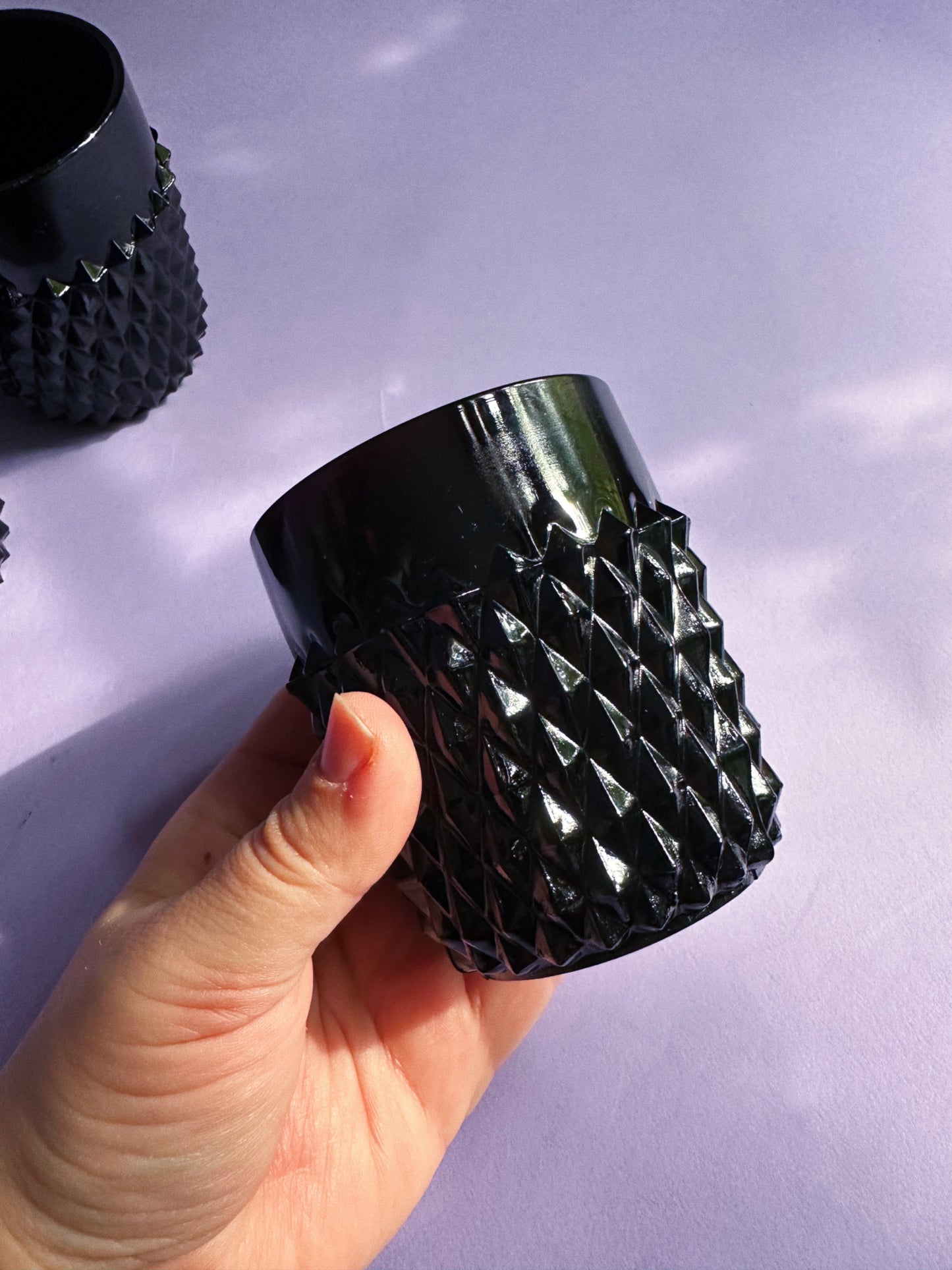 Vintage Indiana Tiara Black Glass 5 Lowball Drink Glasses, Diamond Point