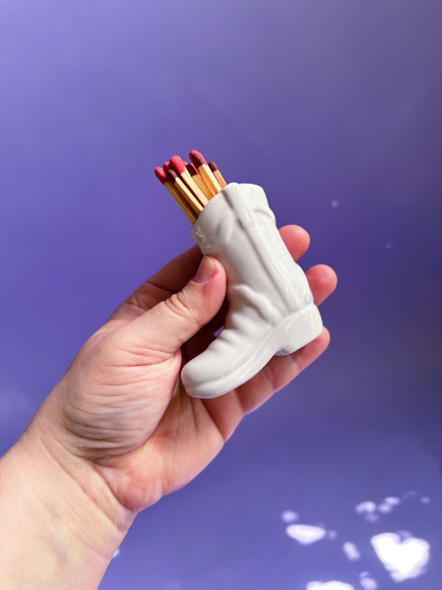 Ceramic White Match Holder Cowboy Boot w/ Striking Heel